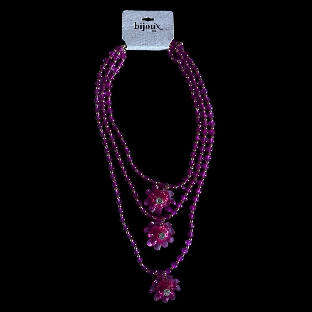 Bisjoux Bar 3 Tier Fuchsia Beaded Floral Necklace